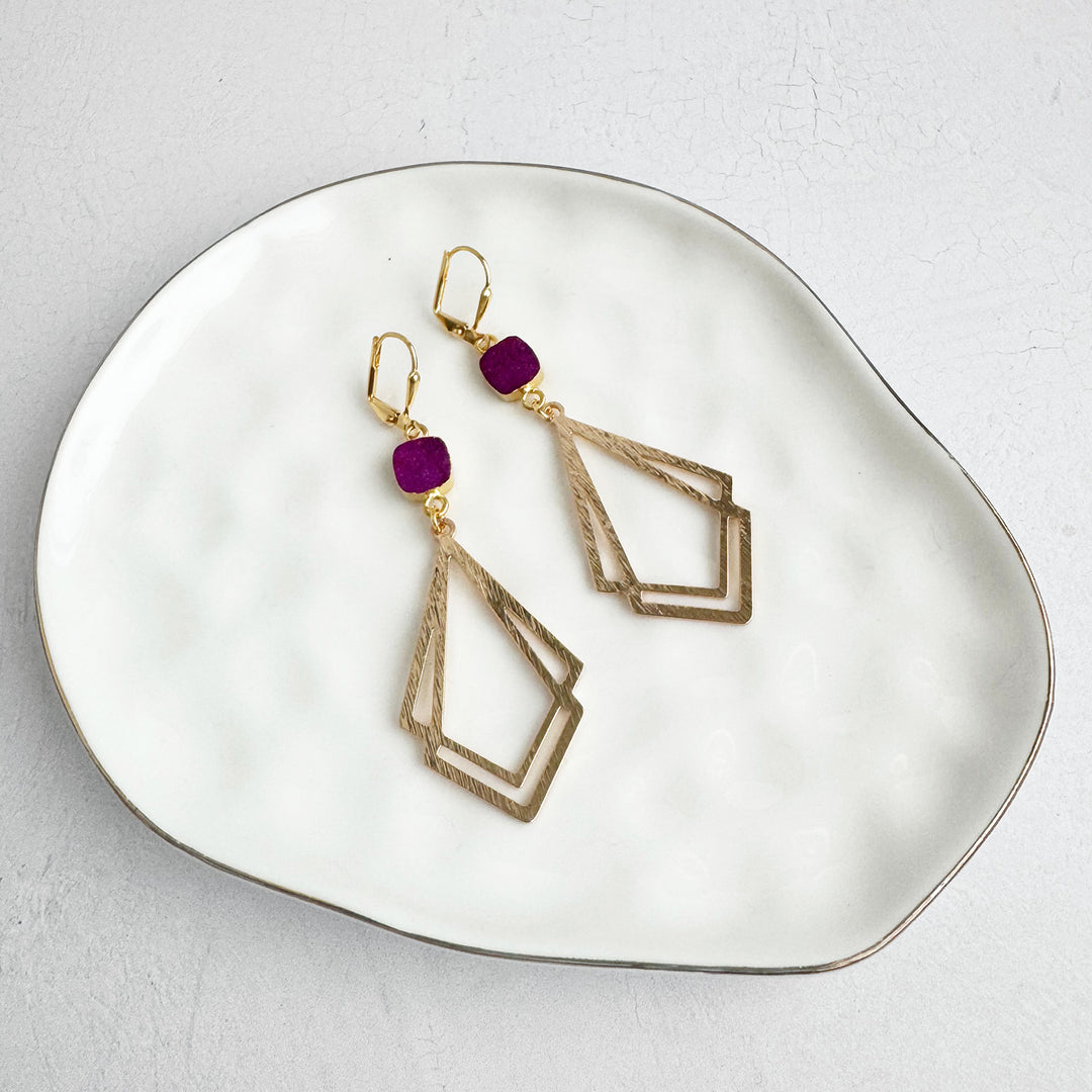 Fuchsia Druzy Double Kite Earrings in Brushed Gold