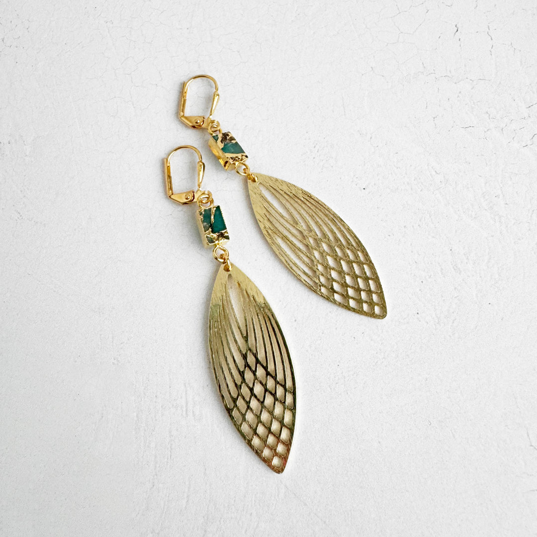 Teal Mojave Marquise Earrings in Brushed Gold