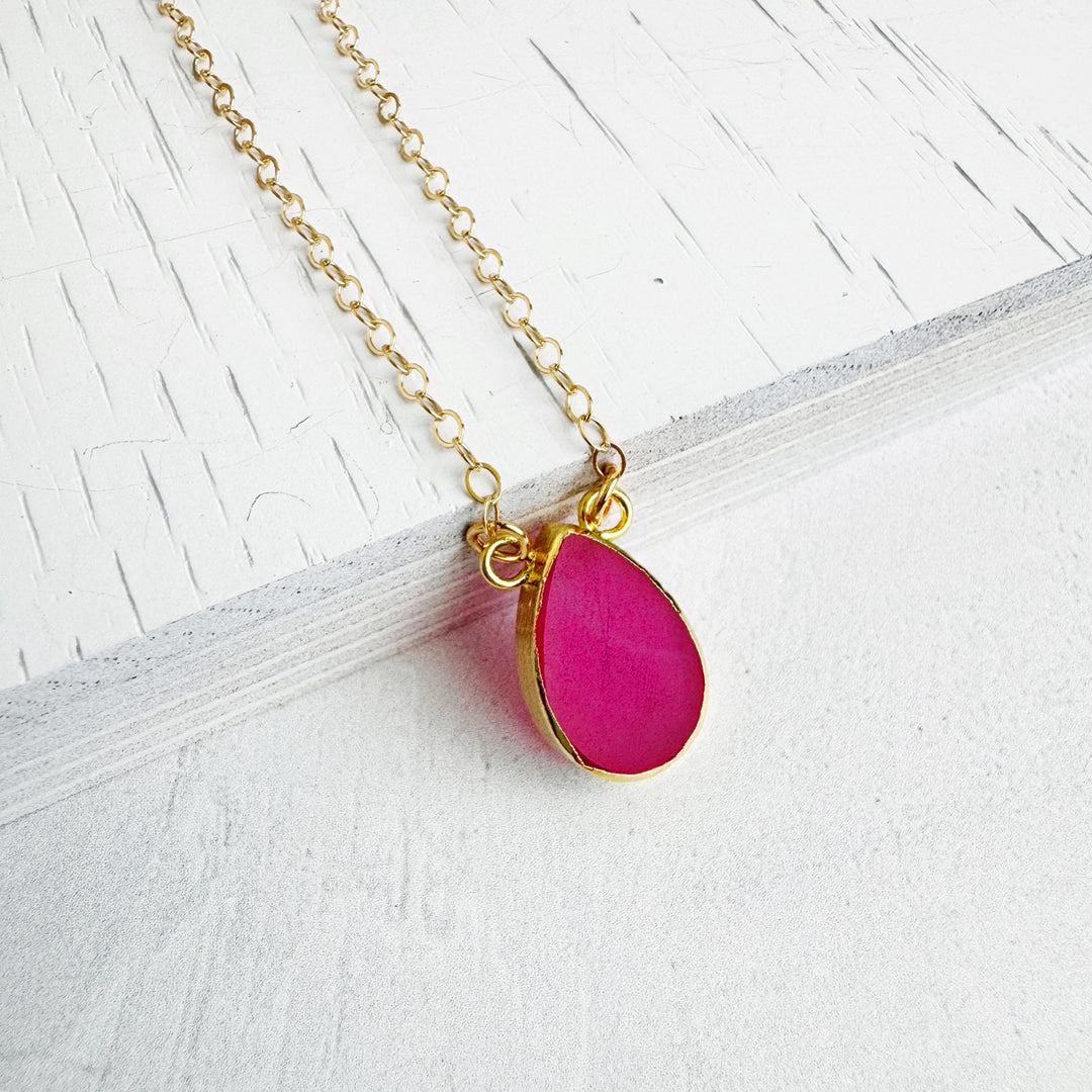 Fuchsia Chalcedony Teardrop Necklace in Gold and Silver