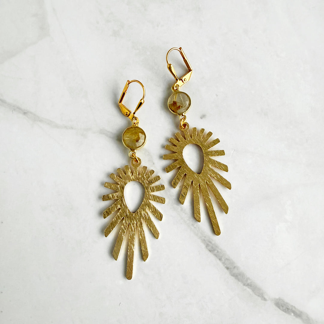 Rutilated Quartz Starburst Statement Earrings in Brushed Gold