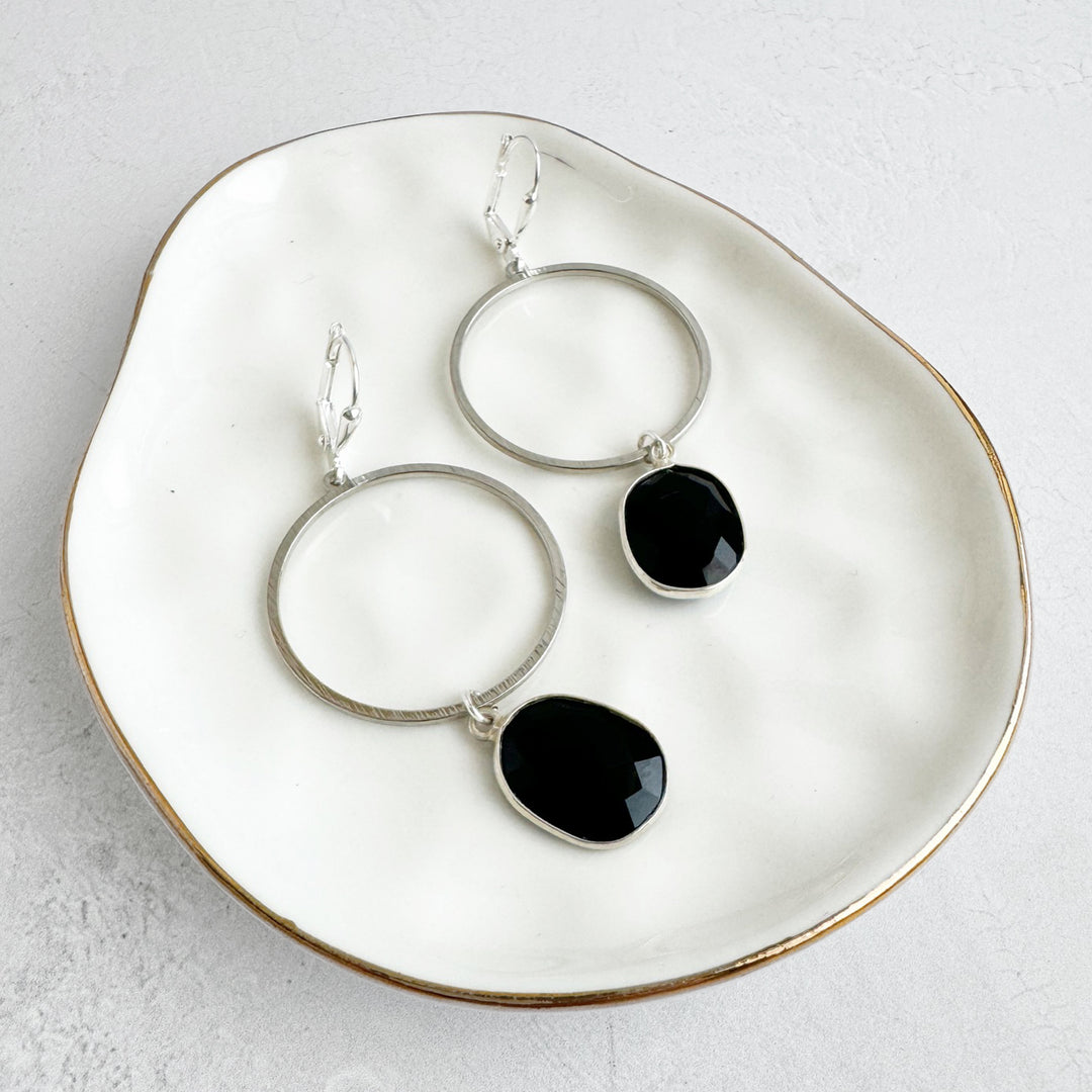 Black Onyx Hoop Dangle Earrings in Brushed Silver