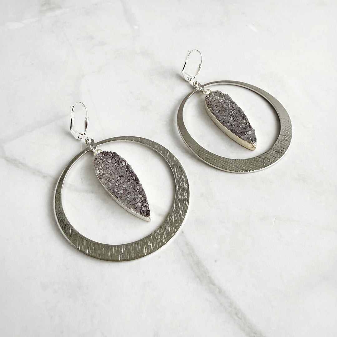 Gray Druzy Hoop Statement Earrings in Brushed Silver