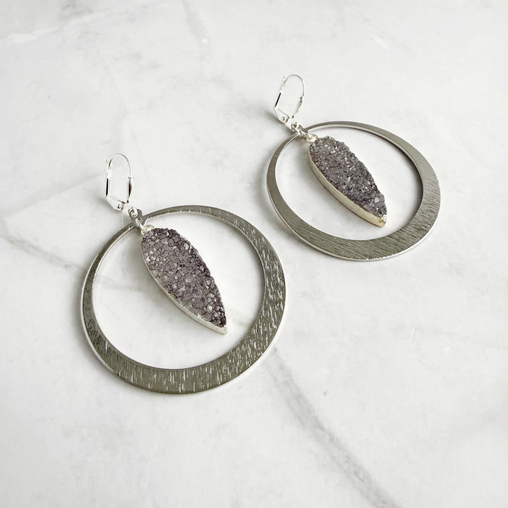 Gray Druzy Hoop Statement Earrings in Brushed Silver