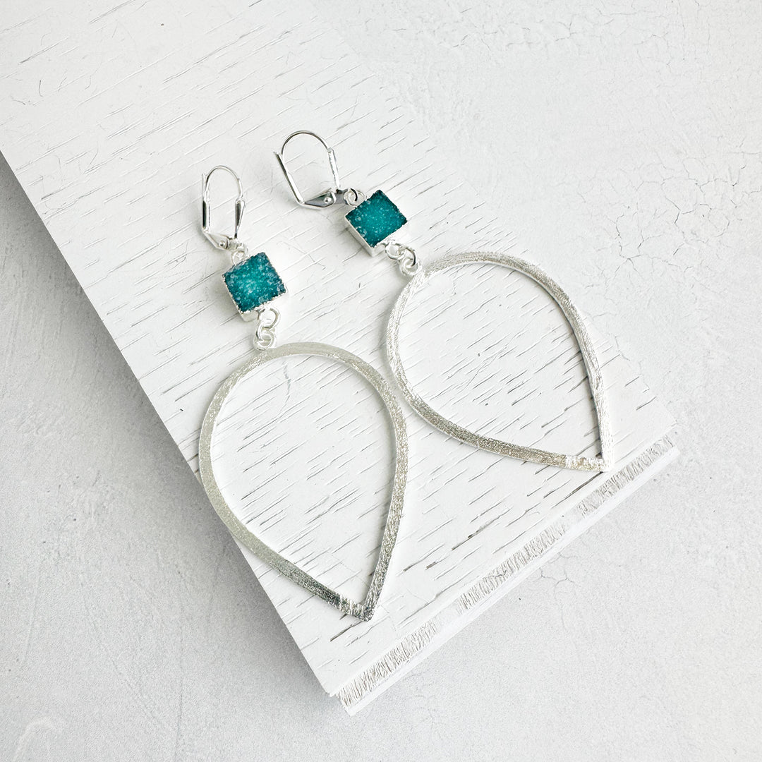 Teal Druzy Inverted Teardrop Earrings in Brushed Silver