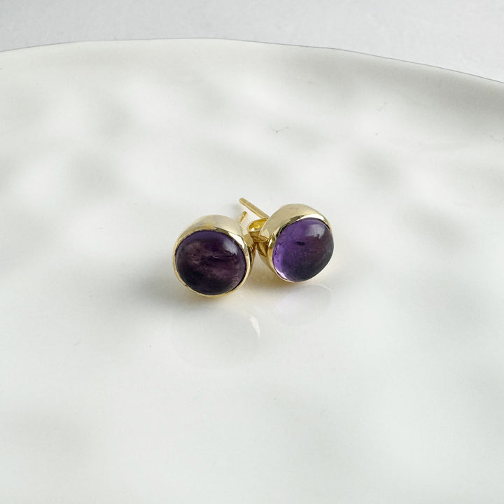 Amethyst Circle Stud Earrings in Gold and Silver