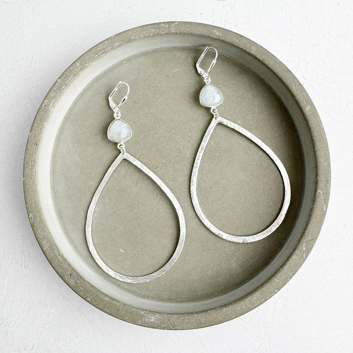 Large Moonstone Teardrop Statement Earrings in Brushed Silver