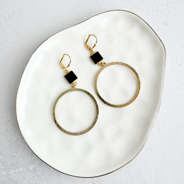 Large Black Onyx Hoop Earrings in Brushed Gold