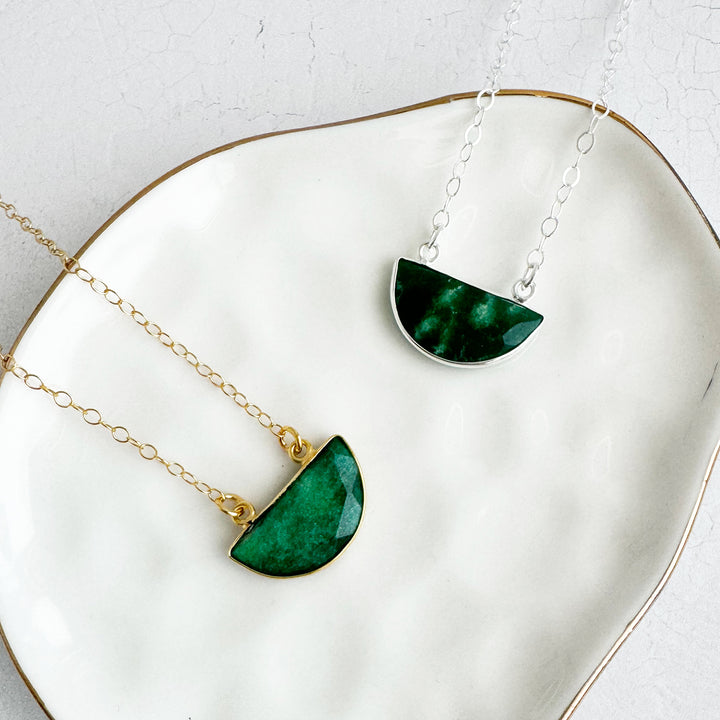 Small Raw Emerald Half Moon Crescent Necklace in Gold and Silver