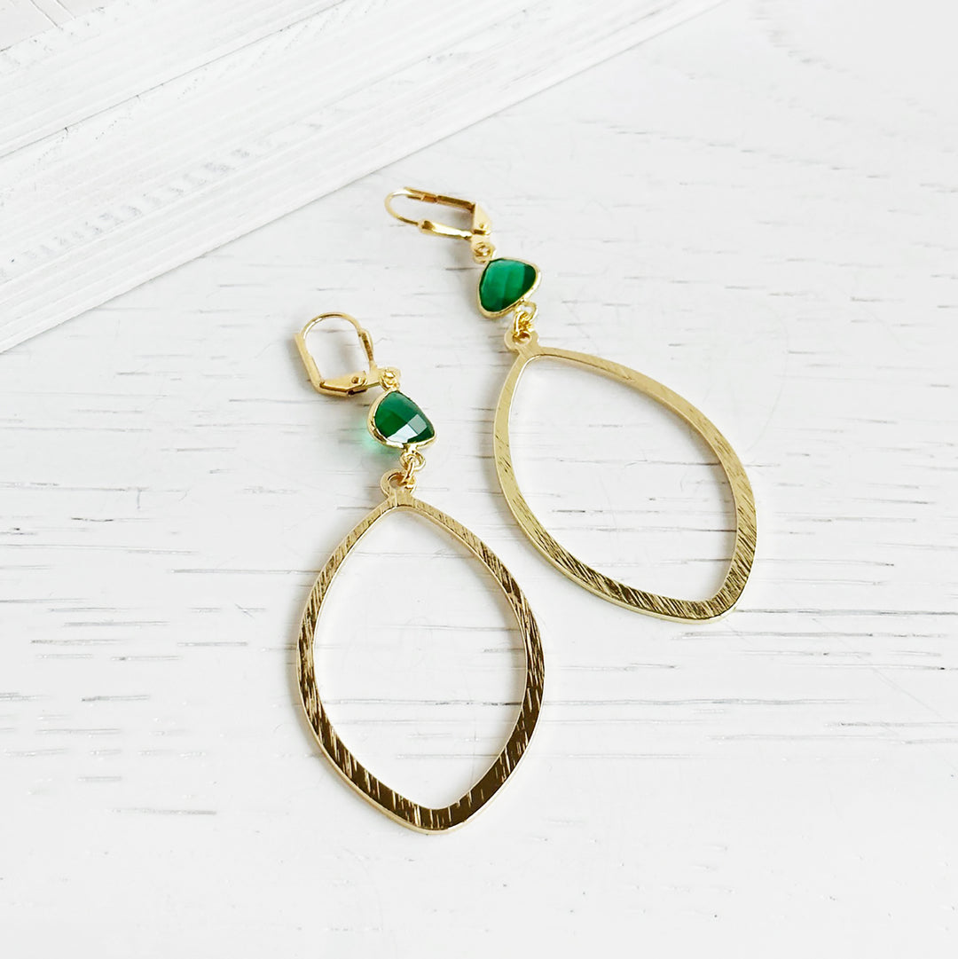 Green Quartz and Marquise Statement Earrings in Brushed Brass Gold