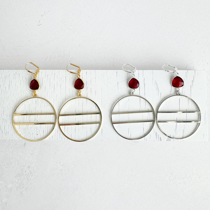 Garnet Geometric Hoops in Gold and Silver