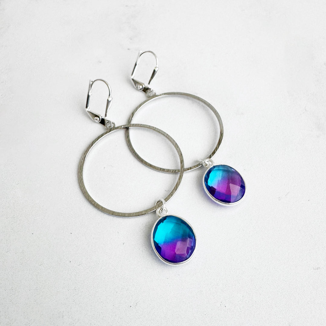 Blue Purple Aura Quartz Hoop Dangle Earrings in Silver