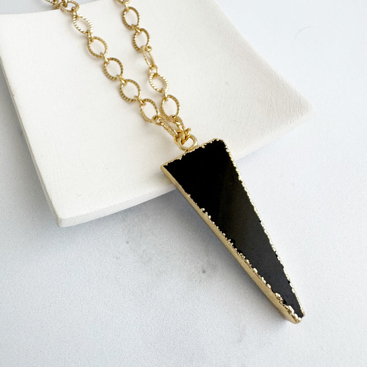 Chunky Black Onyx Elongated Triangle Statement Necklace in Gold