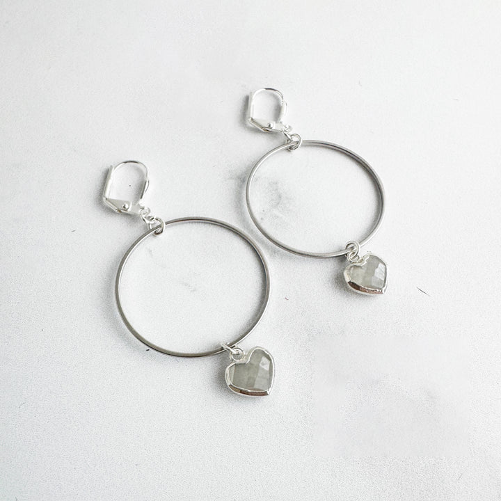 Moonstone Heart Dangle Hoop Earrings in Brushed Silver