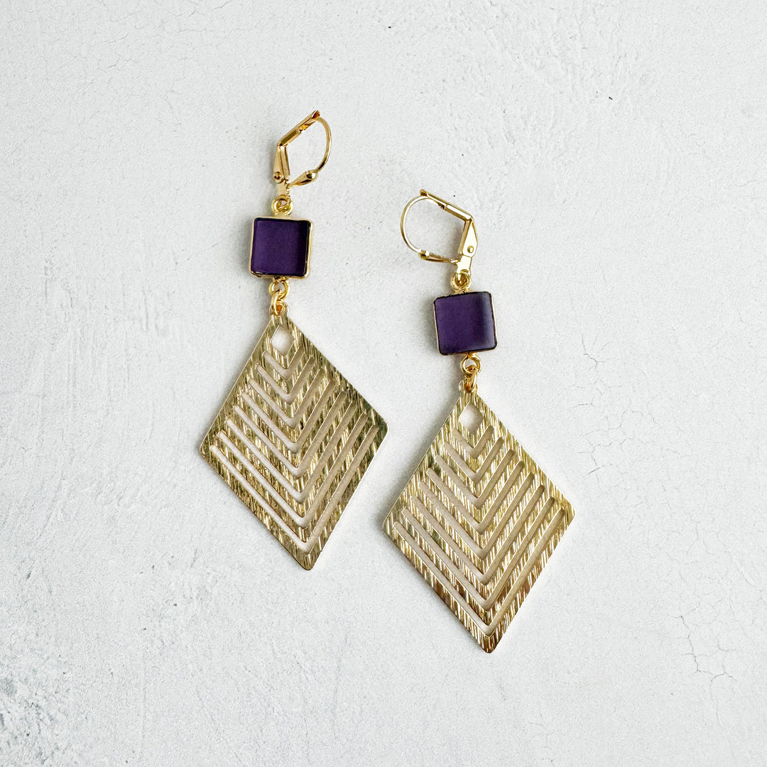 Amethyst Patterned Diamond Dangle Earrings in Brushed Gold