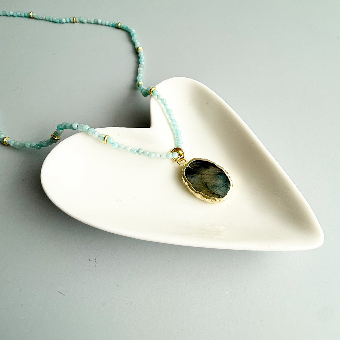 Labradorite Pendant and Amazonite Beaded Necklace in Gold