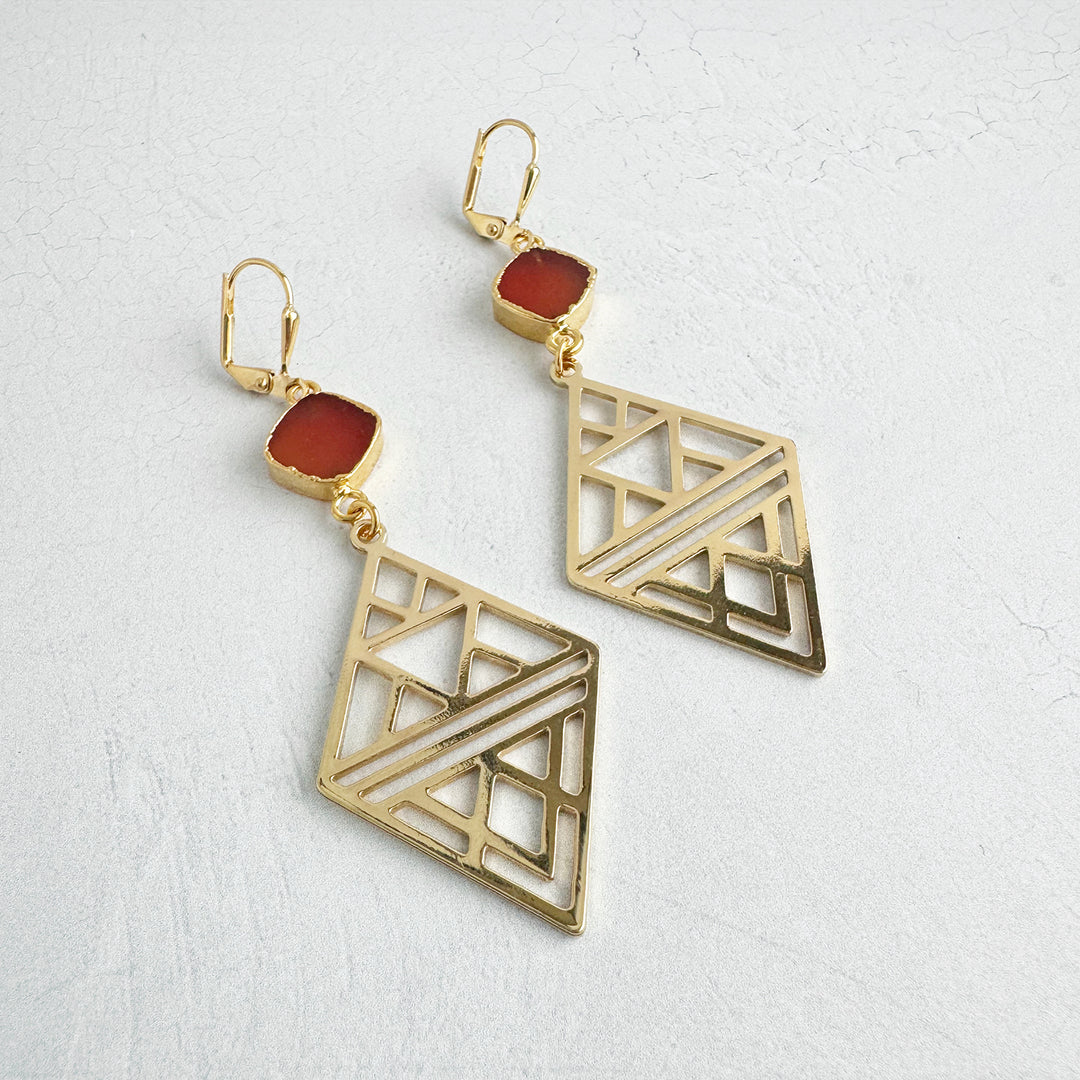 Carnelian and Geometric Diamond Statement Earrings in Gold