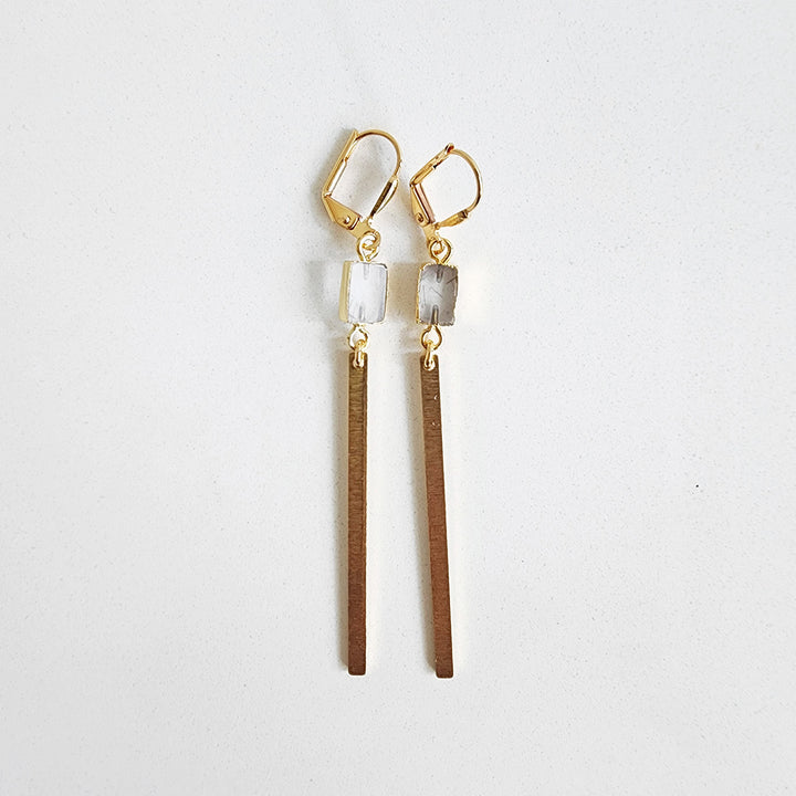Long Delicate Stick Earrings with Rudilated Quarts Stone in Brushed Brass Gold