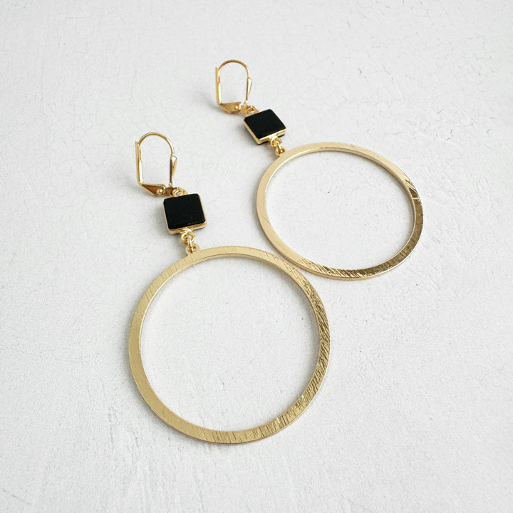 Large Black Onyx Hoop Earrings in Brushed Gold