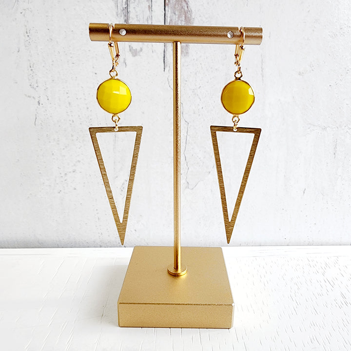 Yellow Agate Triangle Dangle Earrings in Brushed Gold