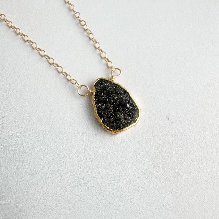 Gemstone Slice Necklace in Gold. Goldstone Slice Gemstone Necklace. Black Stone Layering Necklace