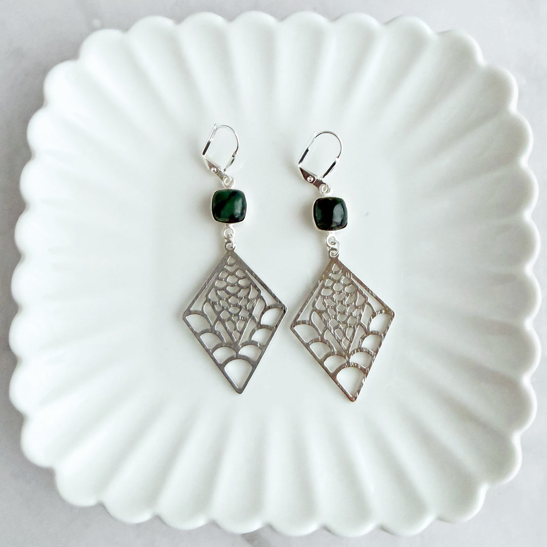 Emerald and Webbed Diamond Dangle Earrings