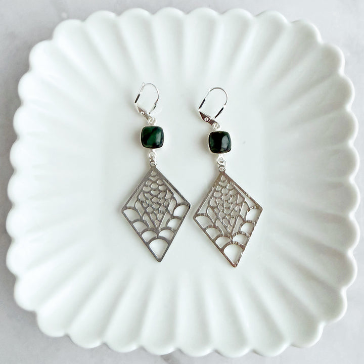 Emerald and Webbed Diamond Dangle Earrings