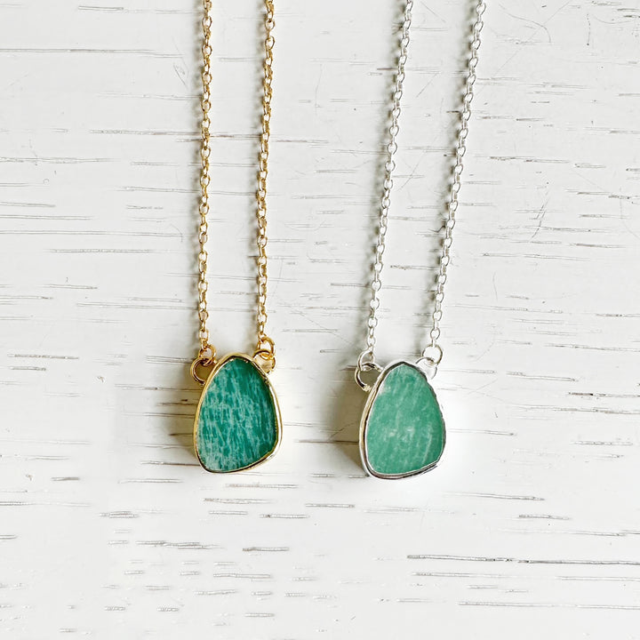 Amazonite Stone Asymmetrical Teardrop Slice Necklace in Silver or Gold