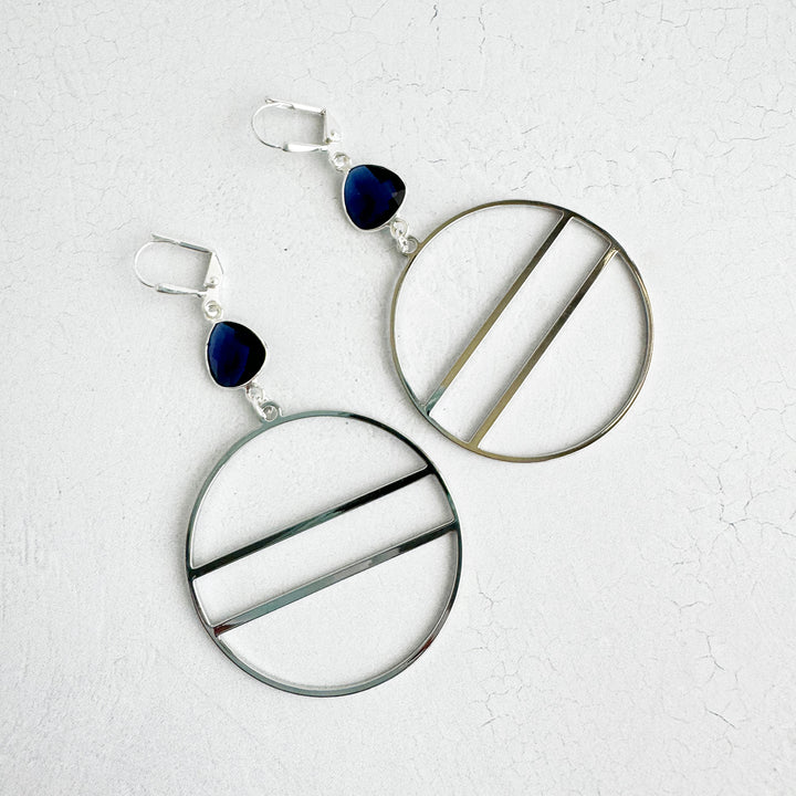 Geometric Hoops with Blue Lolite Stones in Gold and Silver