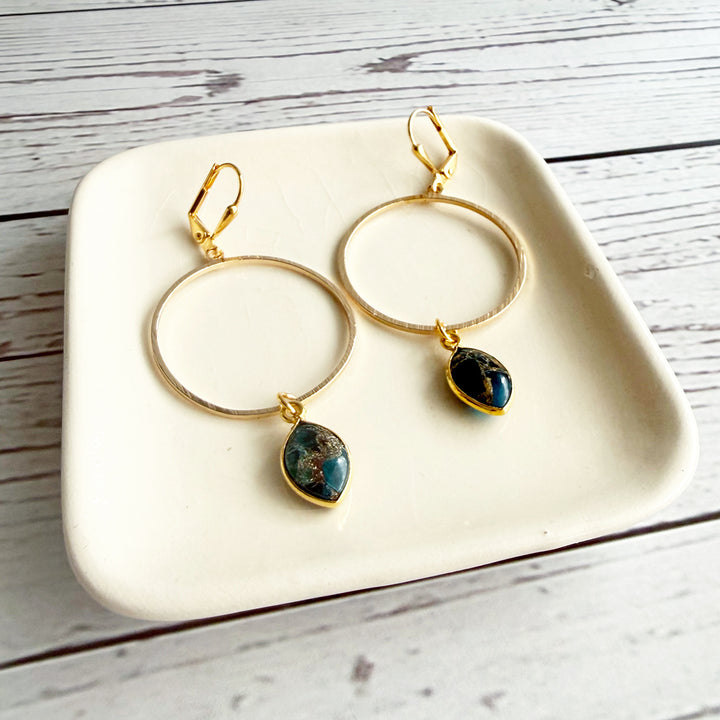 Teal Mojave Hoop Dangle Earrings in Brushed Gold