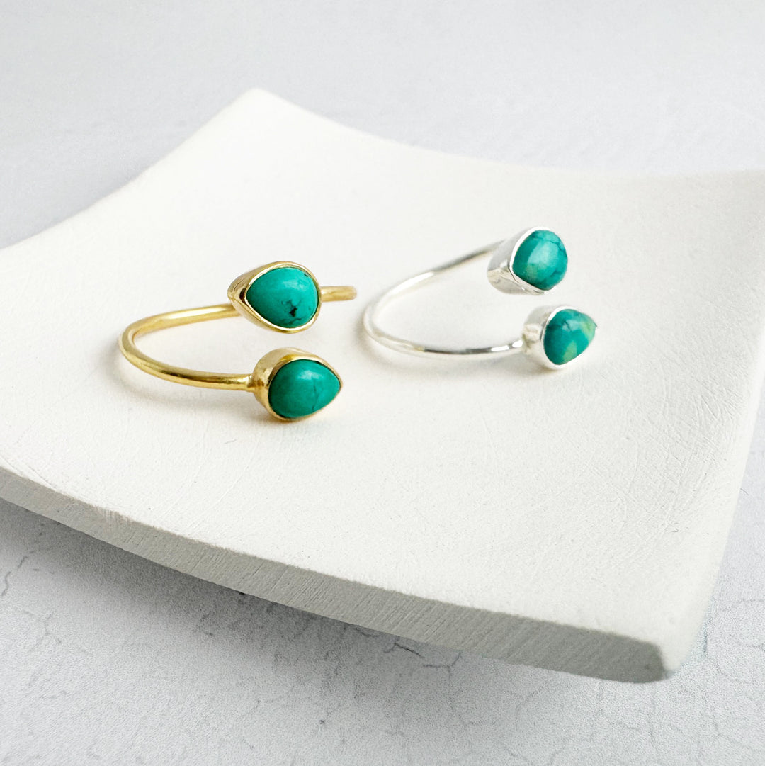 Tibetan Turquoise Double Stone Wrap Ring in Gold and Silver