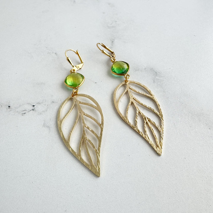 Green Aura Quartz Leaf Statement Earrings in Brushed Gold