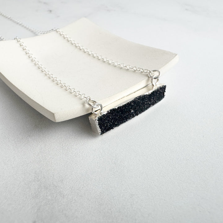 Black Druzy Bar Necklace. Thin Black Druzy Bar Necklace in Sterling Silver