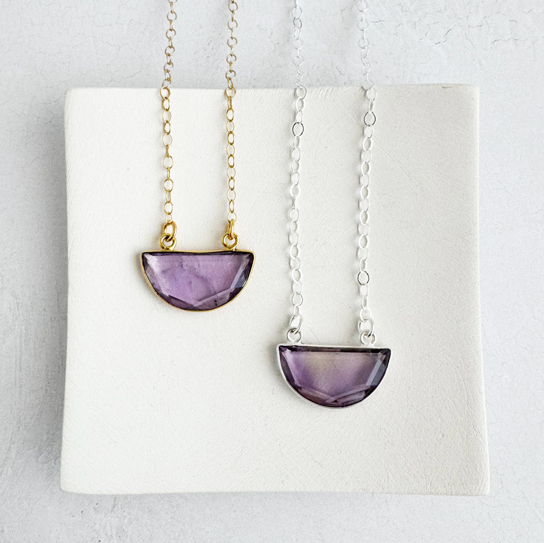 Amethyst Half Moon Crescent Necklace in Gold and Silver