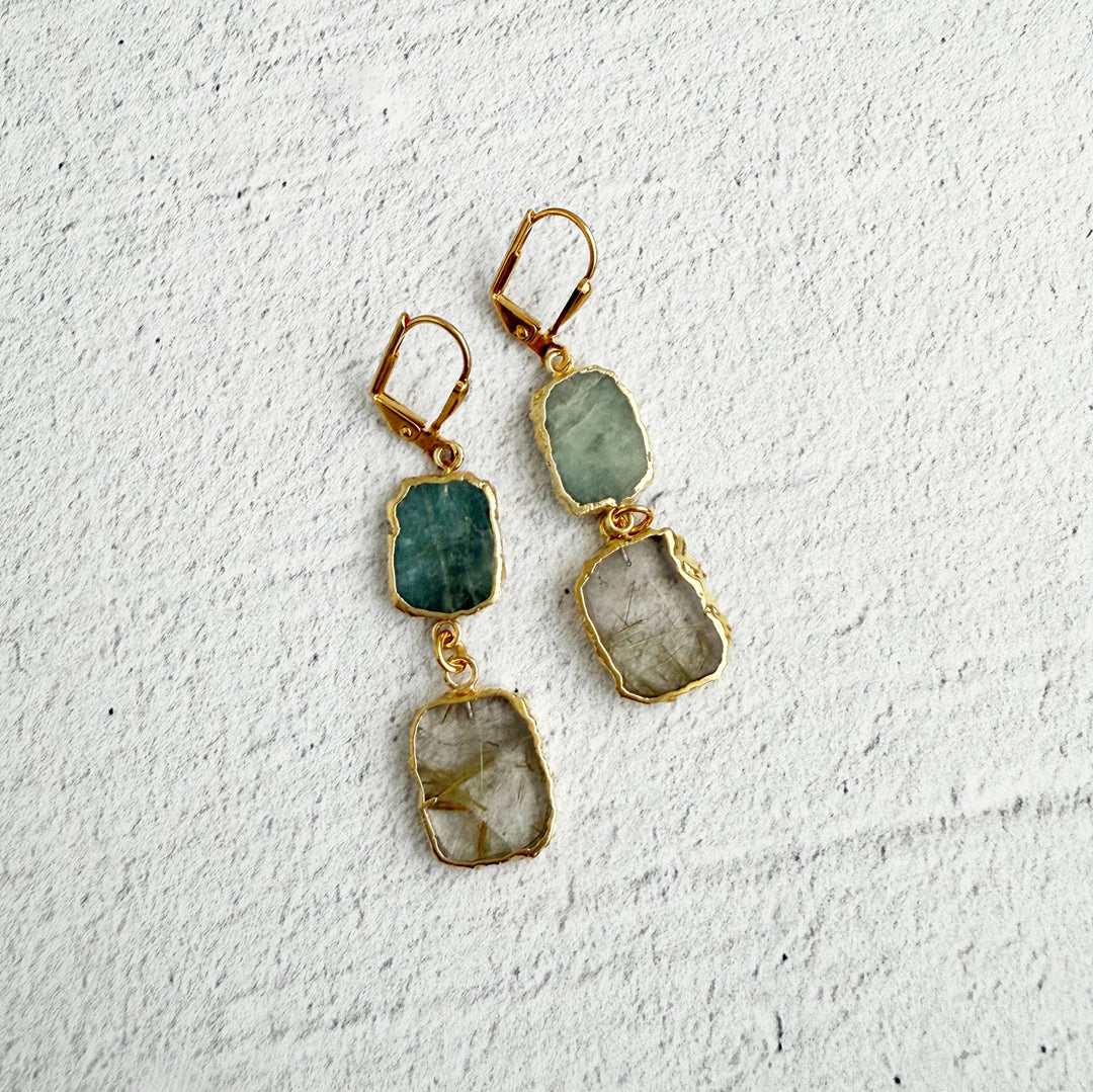 Long Freeform Gemstone Drop Earrings in Gold with Rutilated Quartz and Aquamarine