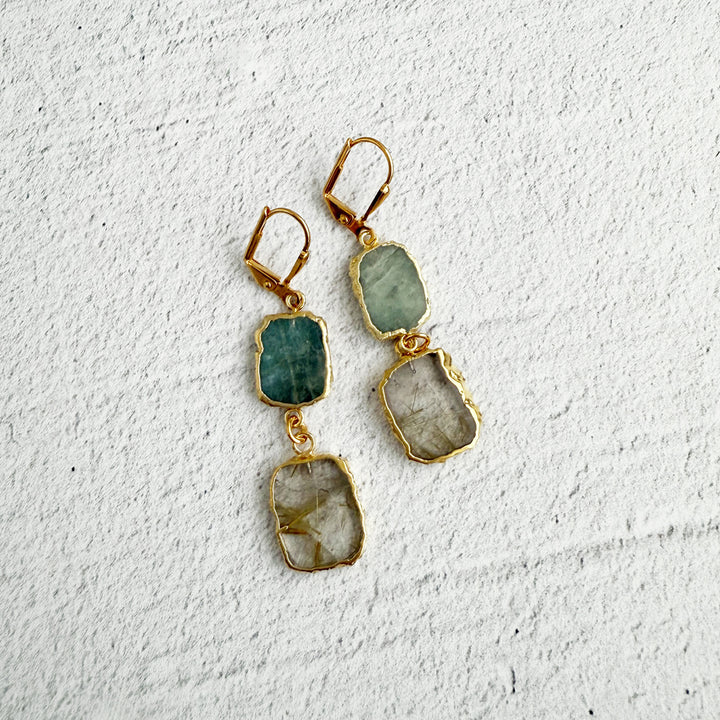 Long Freeform Gemstone Drop Earrings in Gold with Rutilated Quartz and Aquamarine