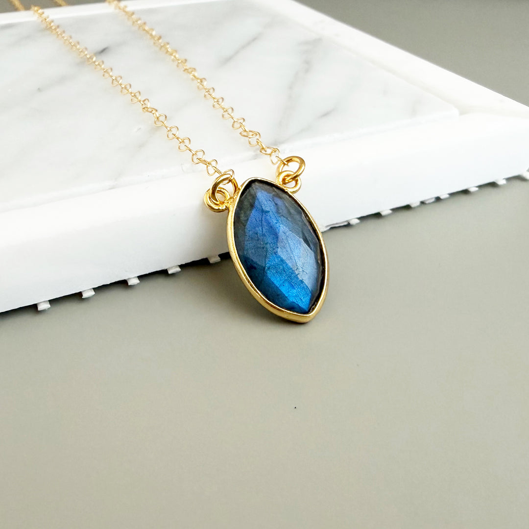Labradorite Vertical Marquise Bezel Pendant Necklace