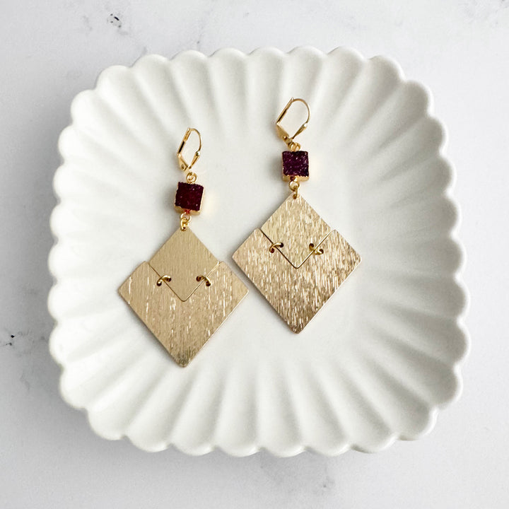 Burgundy Druzy Diamond Pendant Statement Earrings in Gold