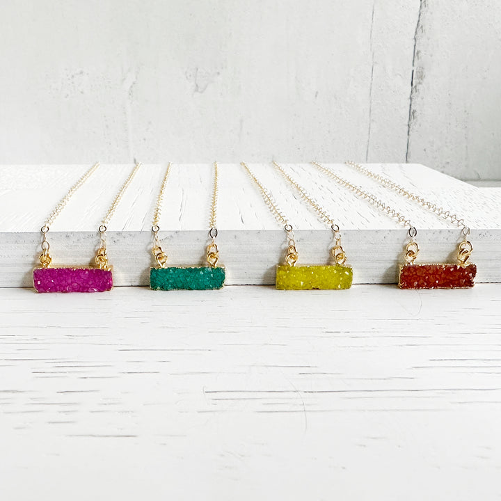Colorful Small Druzy Bar Necklace in Pink Orange Yellow Green