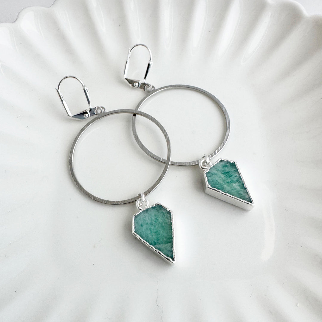 Amazonite Shield Stone Hoop Earrings in Brushed Silver
