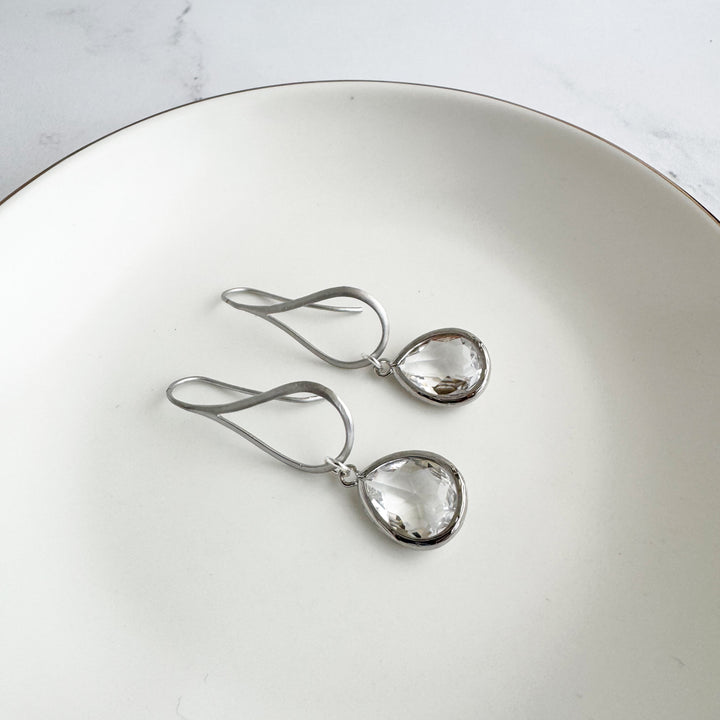 Clear Stone Drop Earrings on Teardrop Earwires in Silver