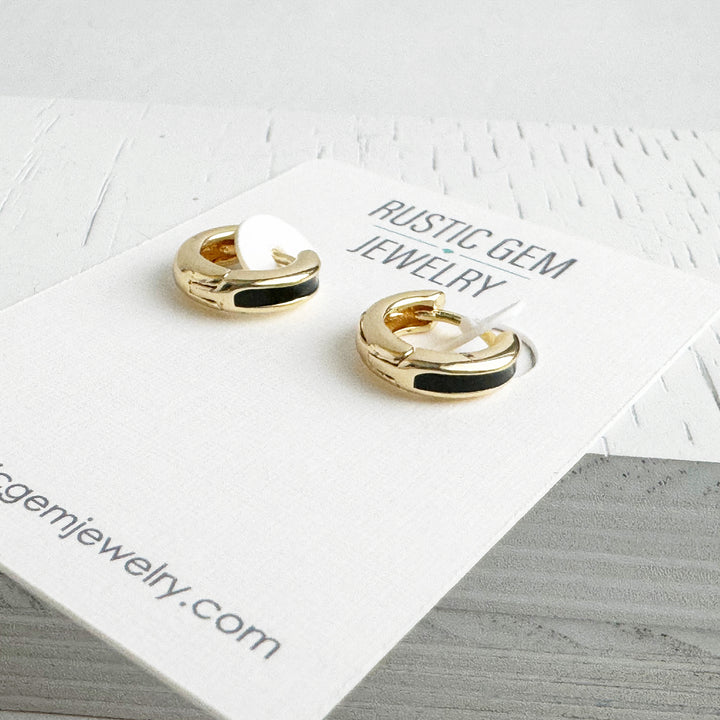 Black Enamel Huggie Earrings in 18k Gold