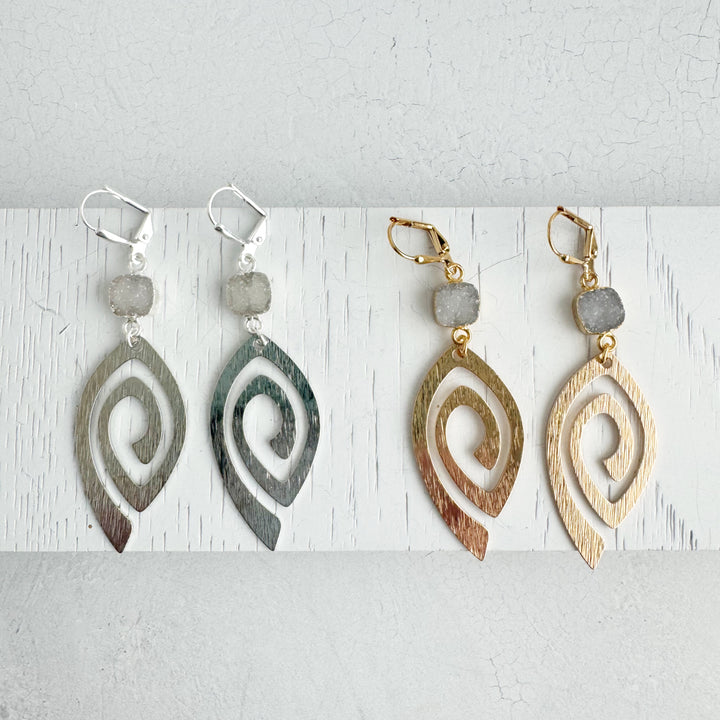 Unique Open Marquise Swirl Earrings with White Druzy Stones