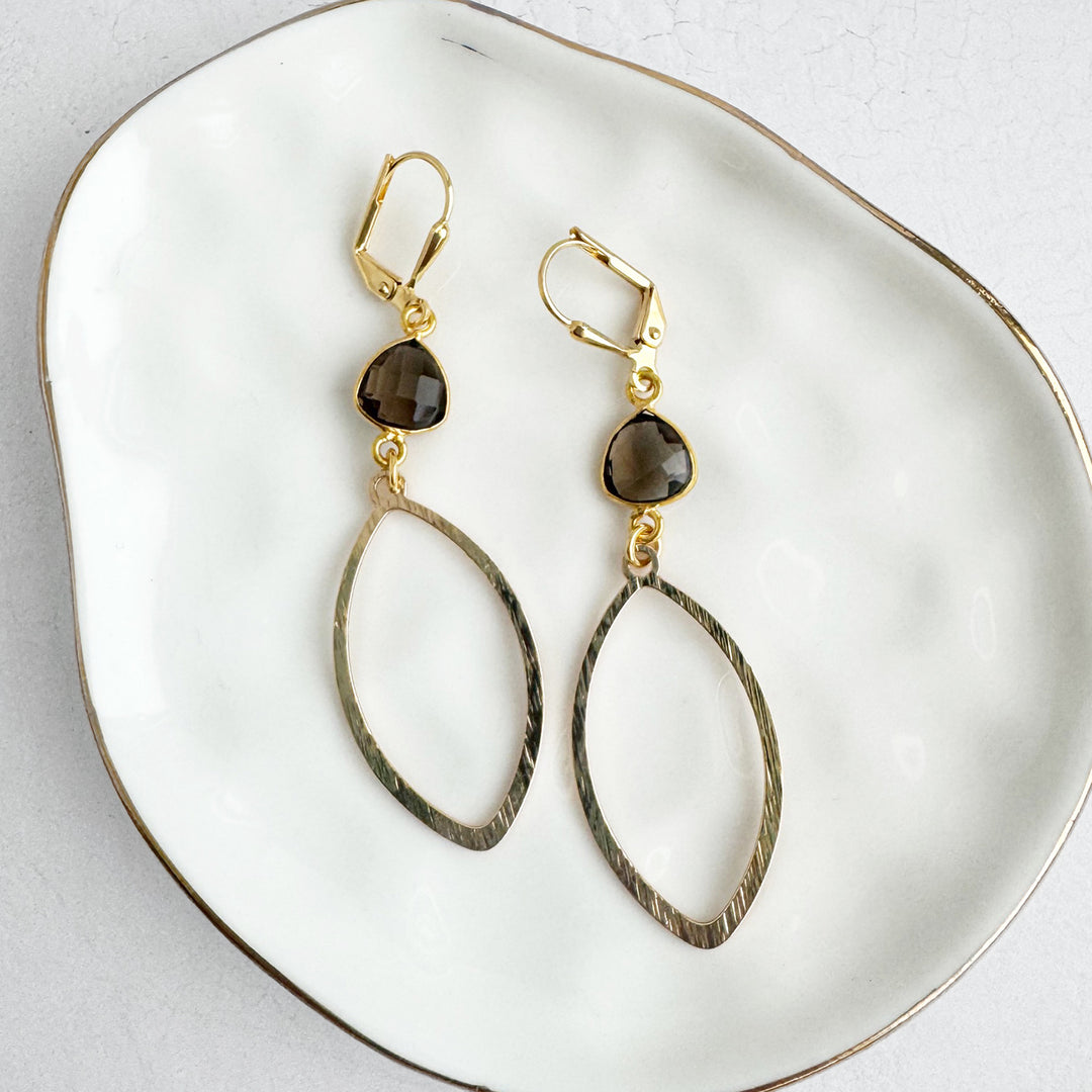 Smoky Quartz Marquise Dangle Earrings in Brushed Gold