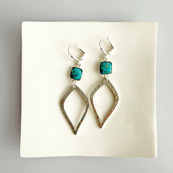 Turquoise Halo Drop Dangle Earrings in Brushed Silver