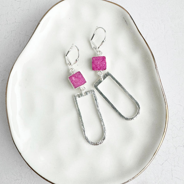 Pink Druzy Horseshoe Earrings in Brushed Silver