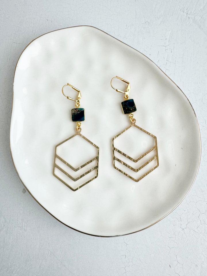 Double Hexagon Earrings with Teal Mojave Stones in Brushed Gold and Silver