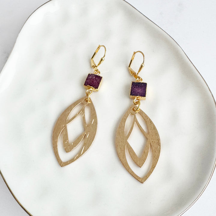 Maroon Druzy Celtic Dangle Earrings in Brushed Gold