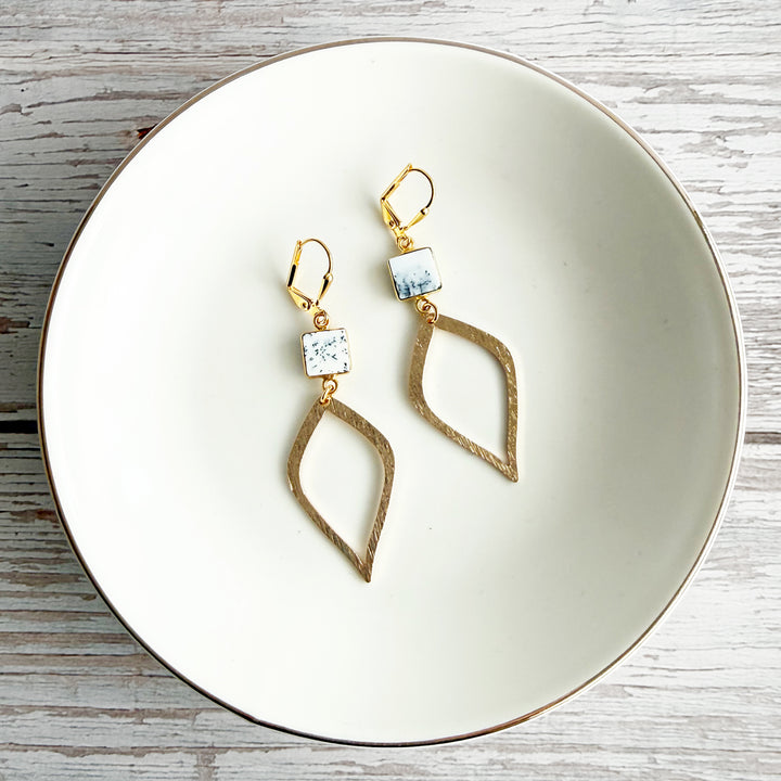 Dendrite Opal Halo Drop Dangle Earrings in Brushed Gold