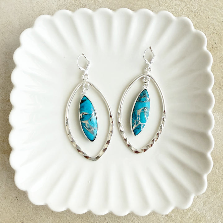 Turquoise and Hammered Marquise Dangle Earrings in Silver