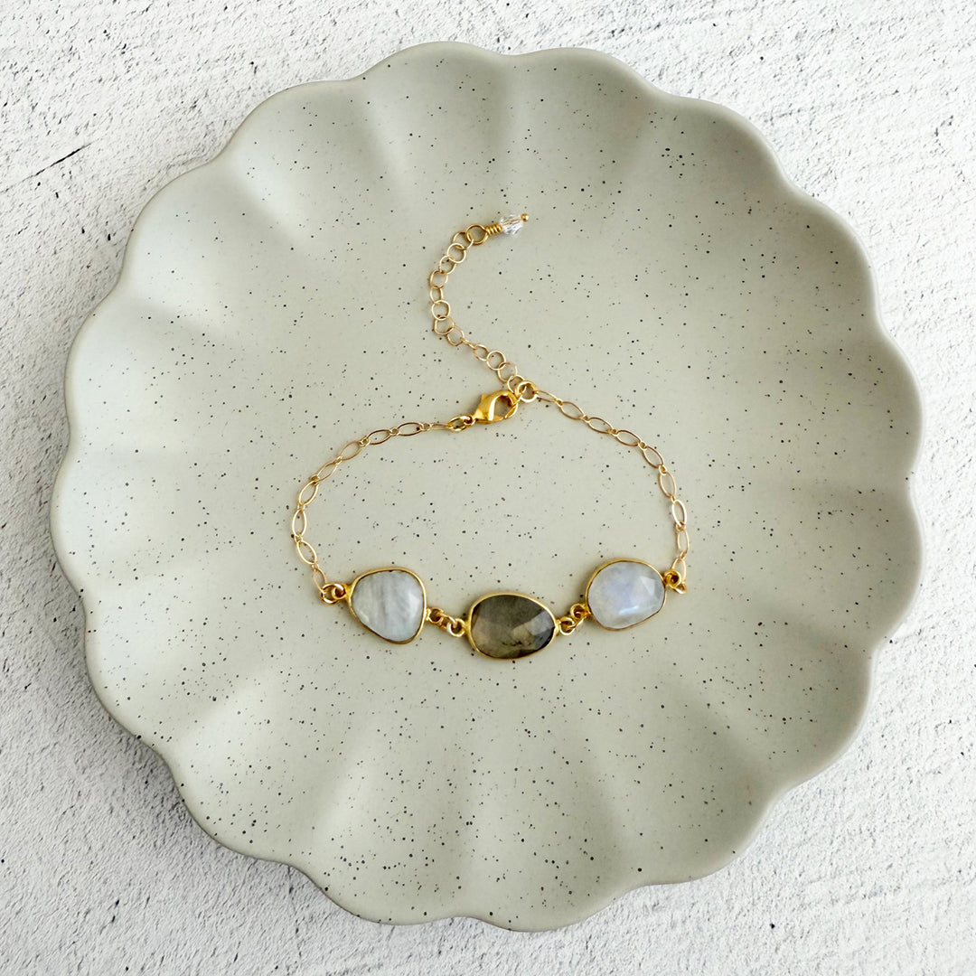 Moonstone and Labradorite Statement Bracelet in Gold